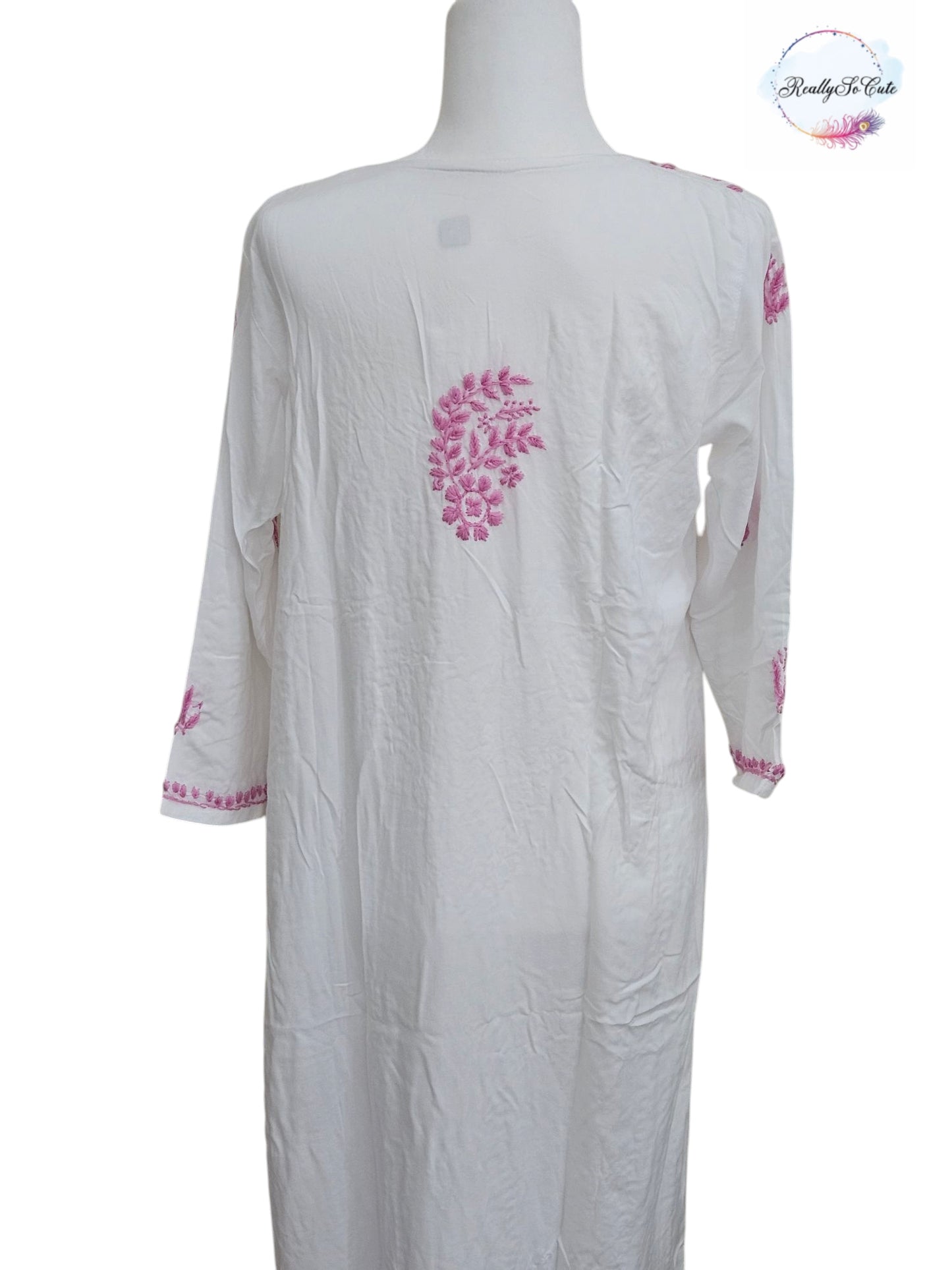 White with pink embroidery long chikankari kurti