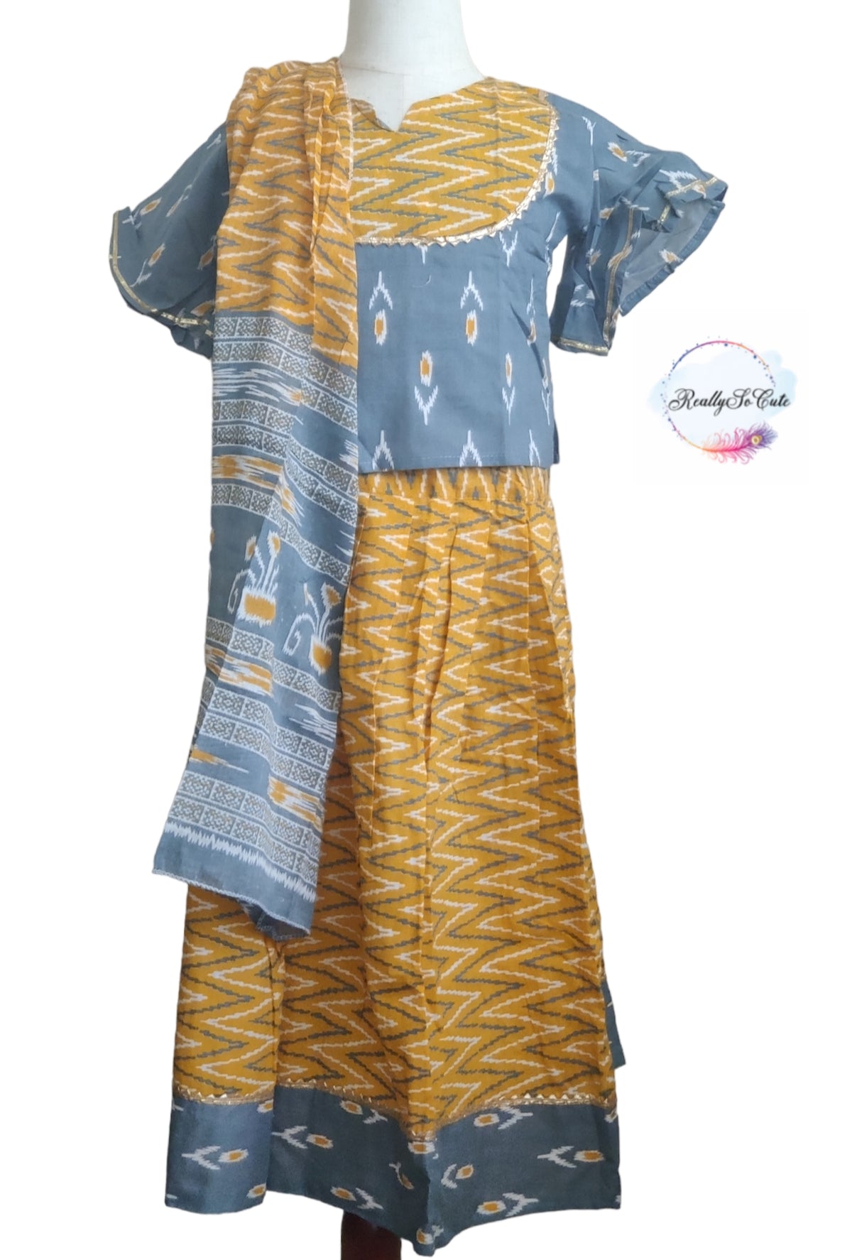 Kids ikkat cotton chaniya choli, skirt top ikkat