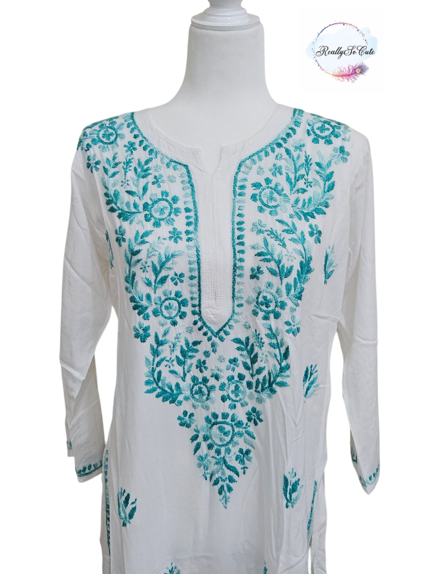 White with green embroidery long chikankari kurti
