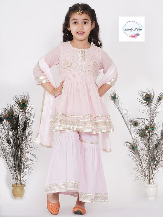 Pink chanderi kurti sharara dupatta set.
