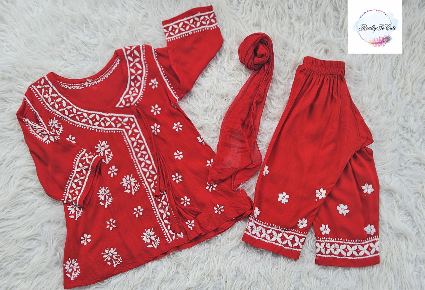 Red Little Girls Chikankari Kurtis pant Set, Girls Modal Chikankari Dress