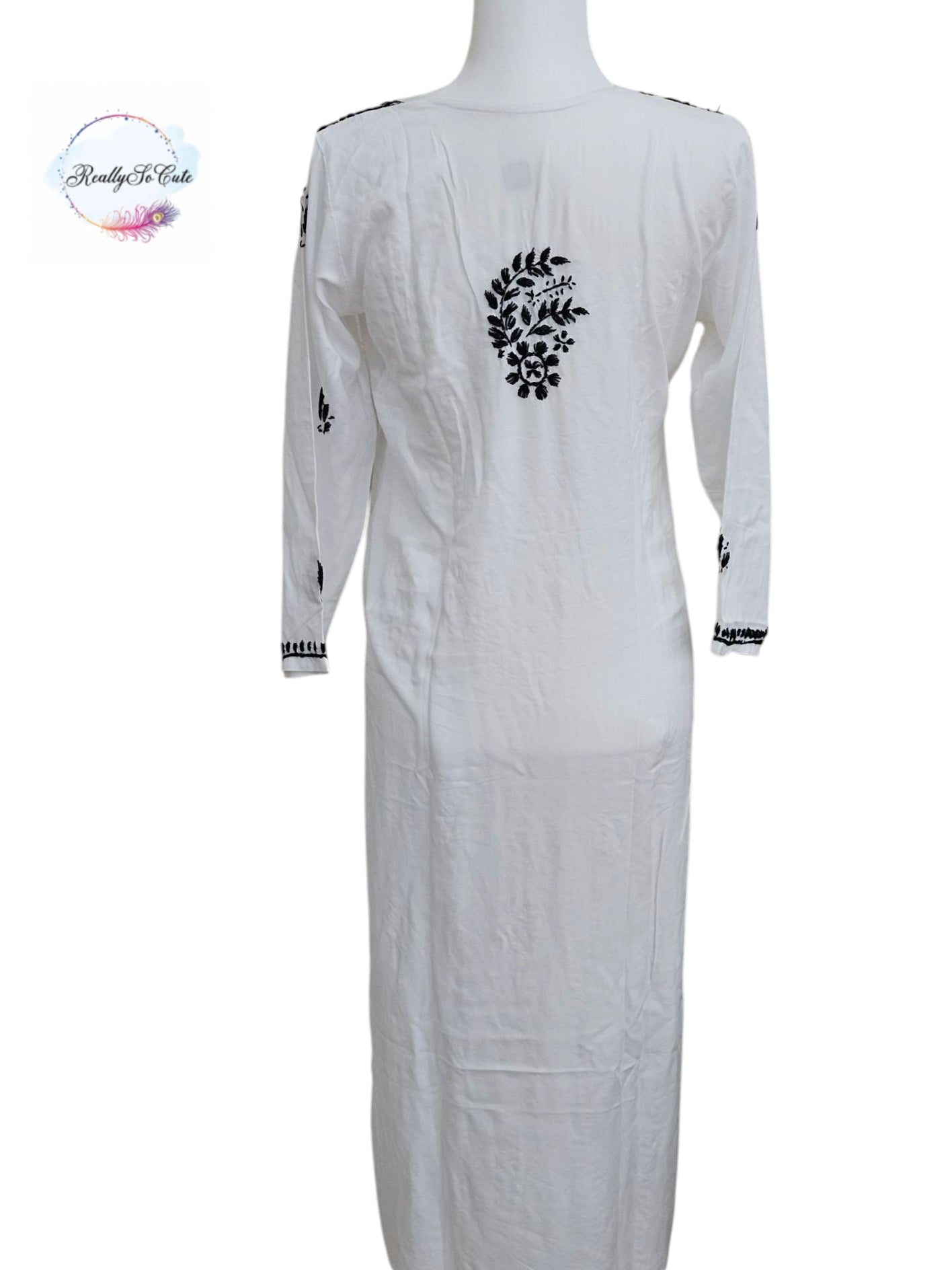 White with black embroidery long chikankari kurti