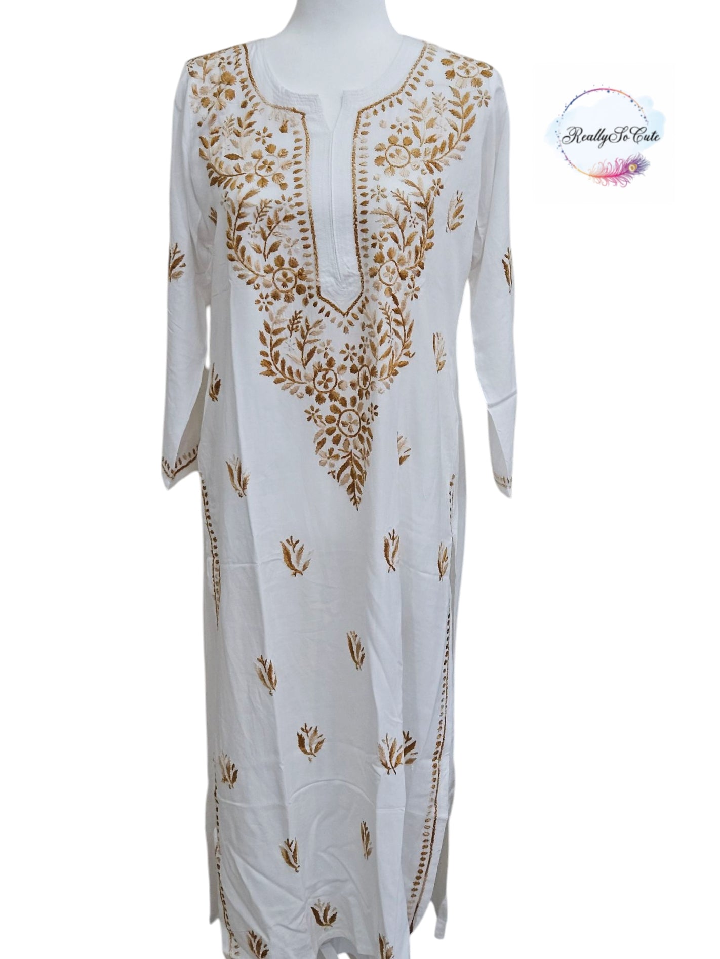 White with golden embroidery long chikankari kurti