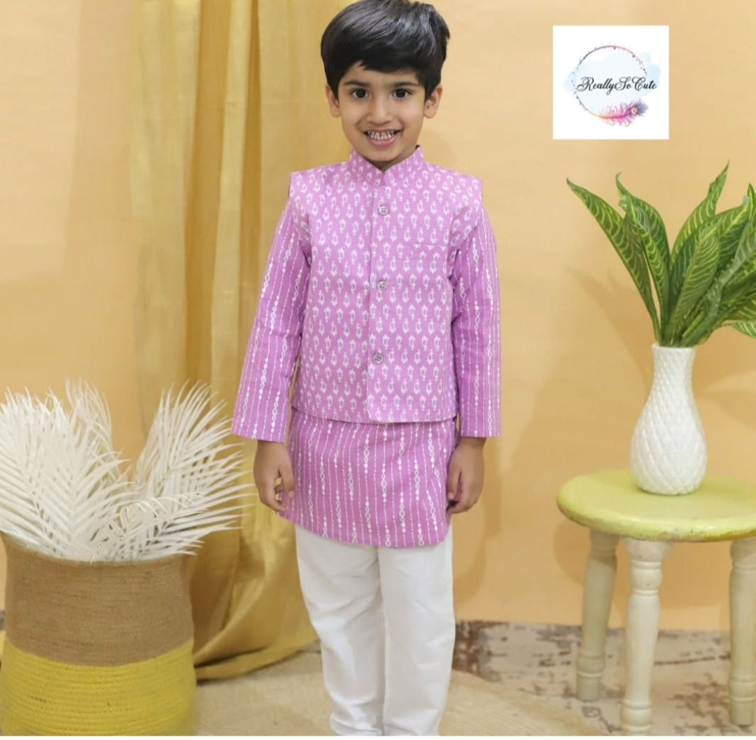 Boys cotton kurta pajama with jacket, Ajrak red cotton kurta set