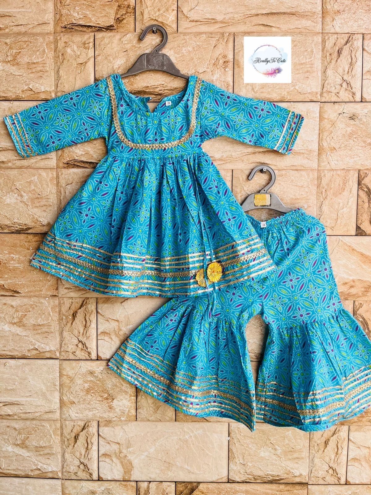 Girl Sharara kurti Set/ Bandhani cotton kurta salwar set, blue kurti sharara