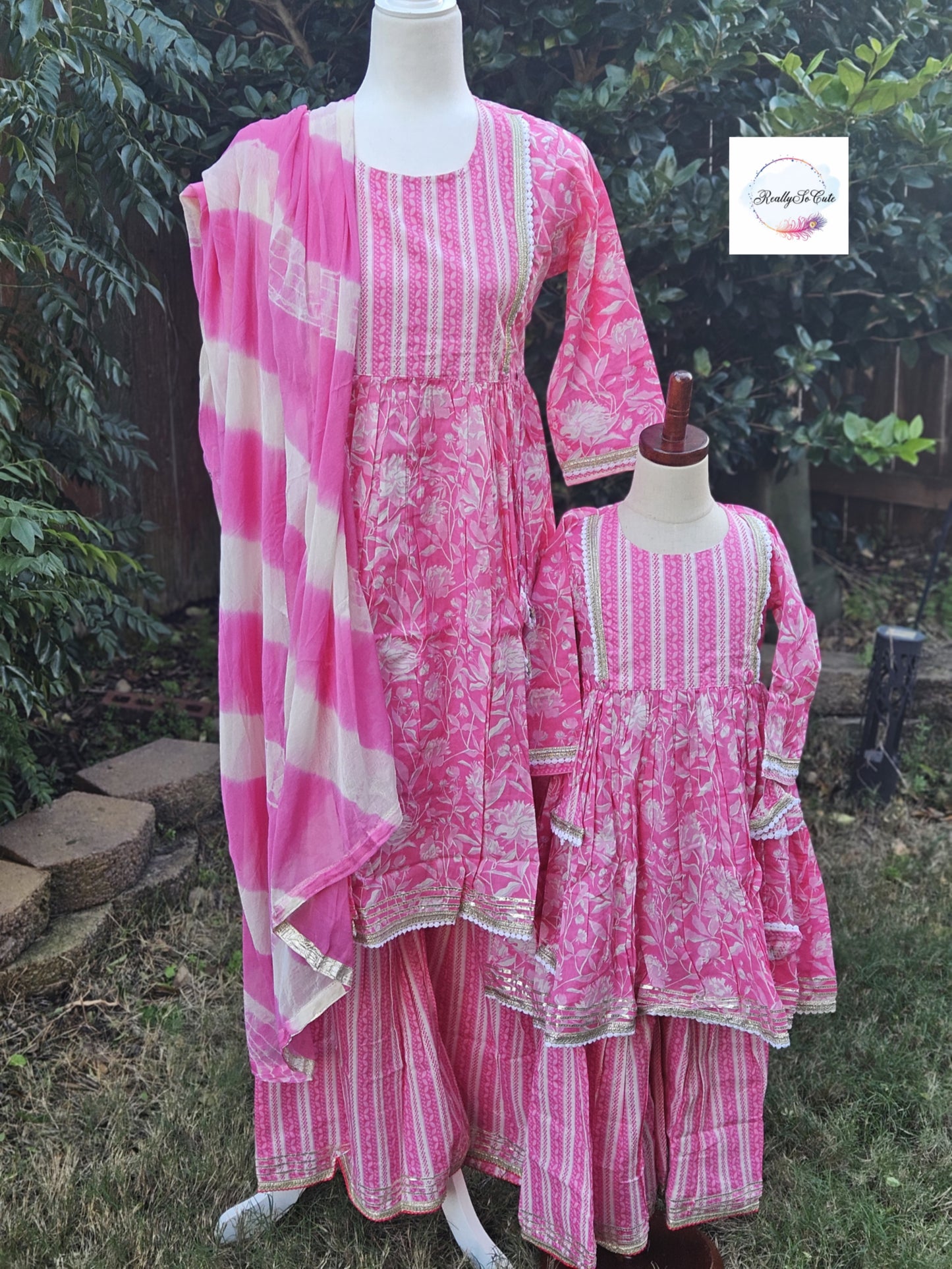 Soft cotton kurti sharara set, pink mom and me set