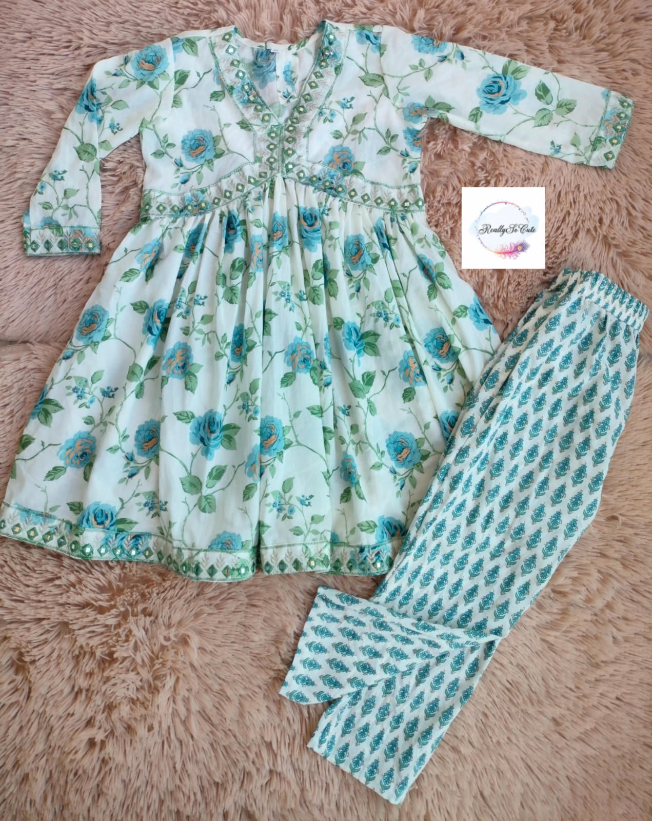 Girls soft cotton sage green Embroidered Kurtis Salwar set
