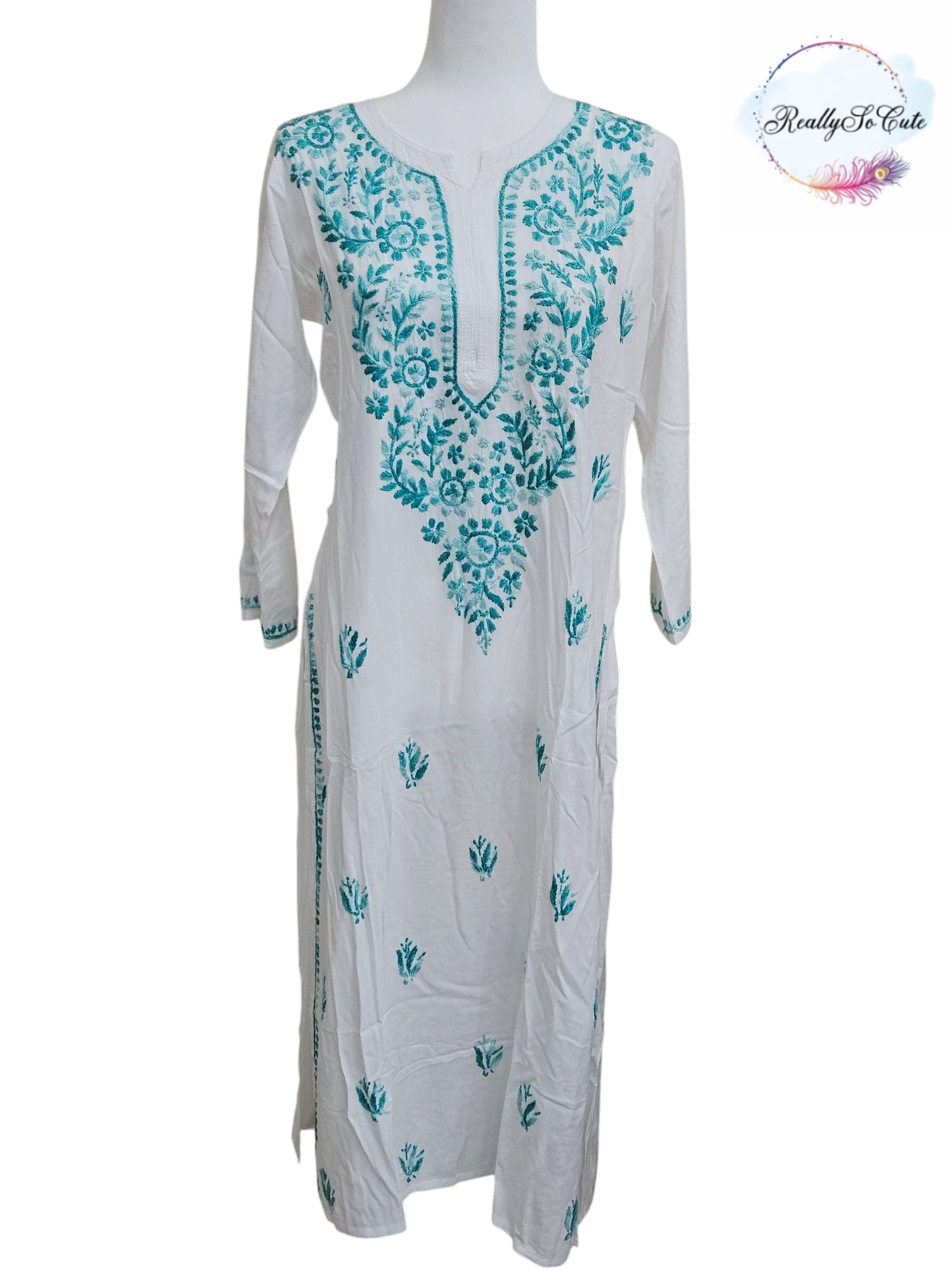White with green embroidery long chikankari kurti