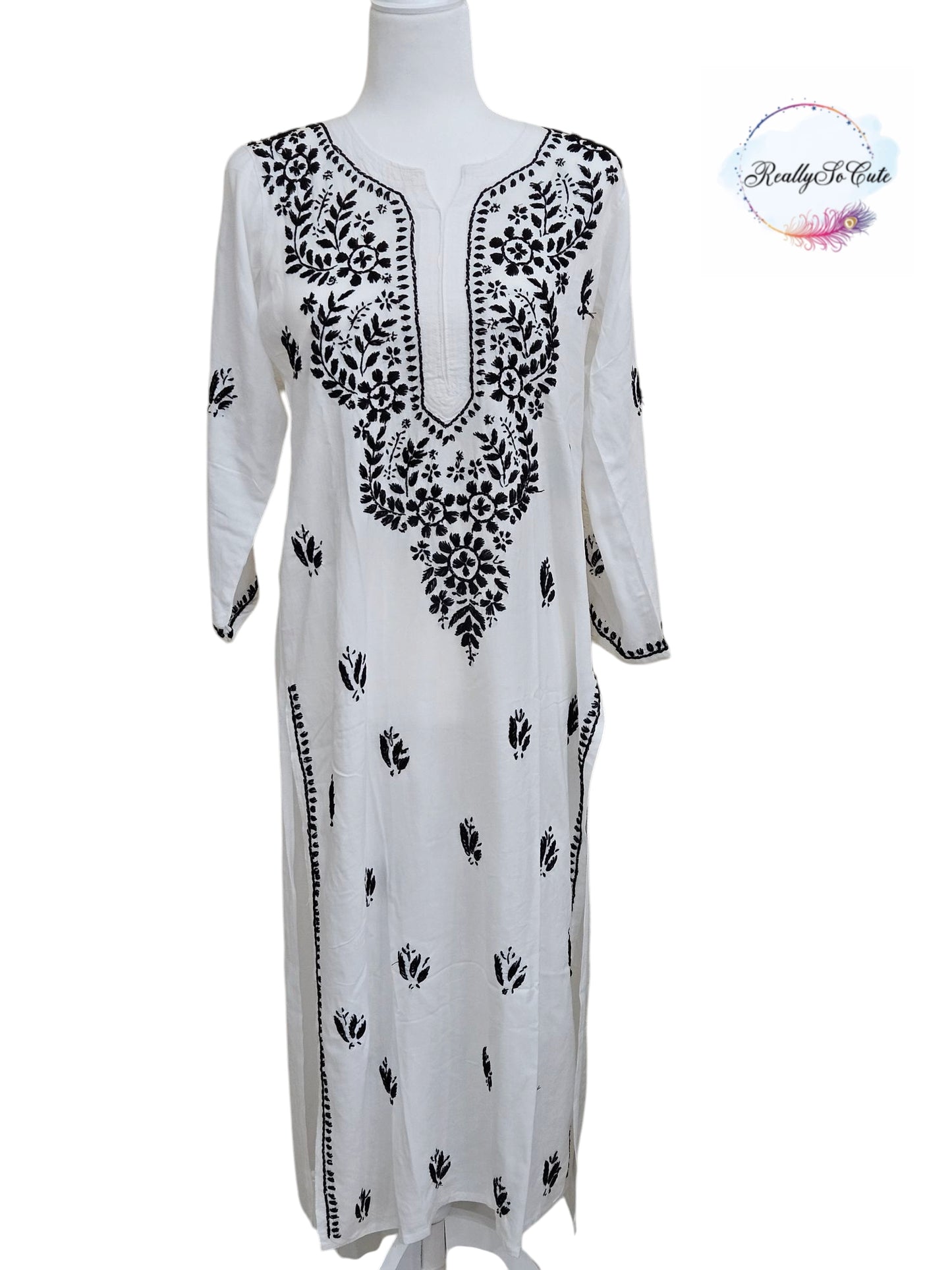 White with black embroidery long chikankari kurti