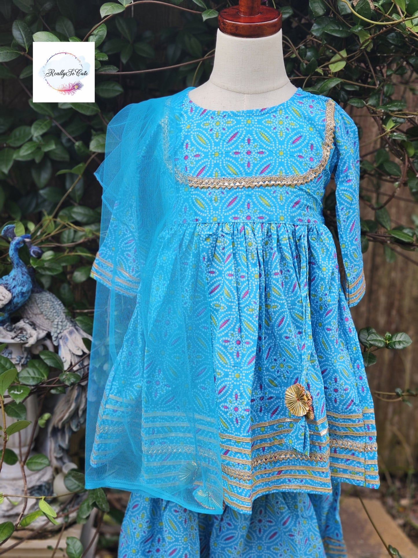 Girl Sharara kurti Set/ Bandhani cotton kurta salwar set, blue kurti sharara