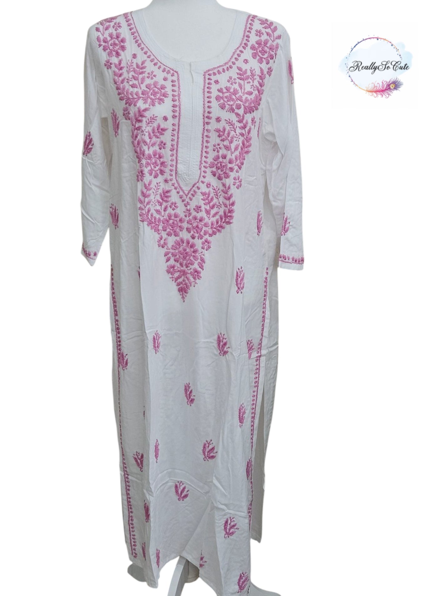 White with pink embroidery long chikankari kurti