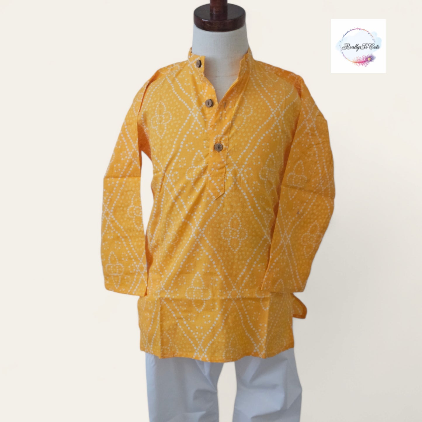 Boys cotton kurta pajama, yellow Bandhani kurta set