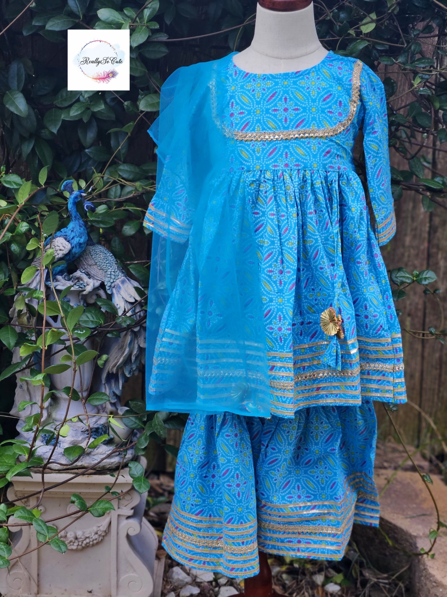 Girl Sharara kurti Set/ Bandhani cotton kurta salwar set, blue kurti sharara