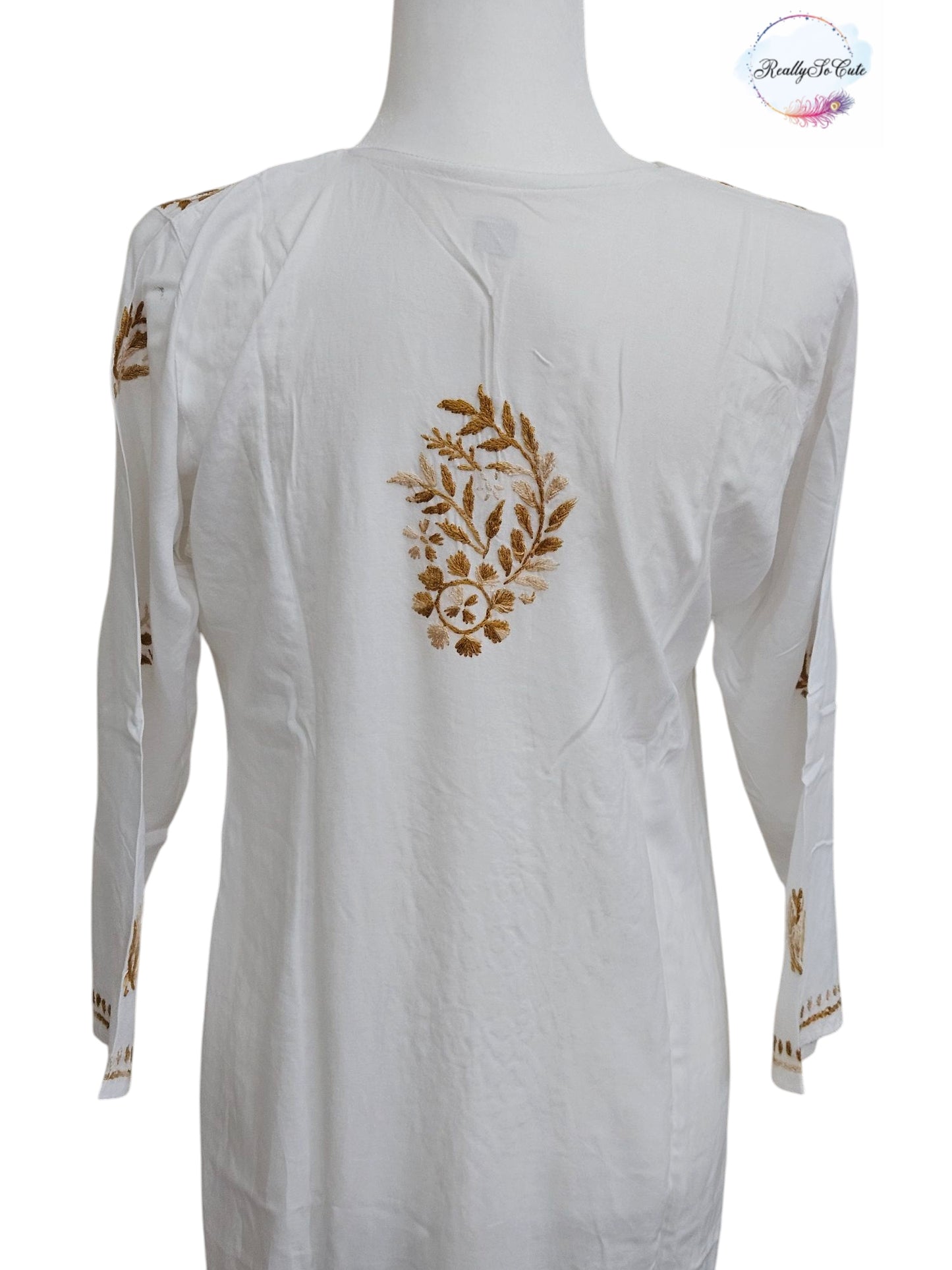 White with golden embroidery long chikankari kurti