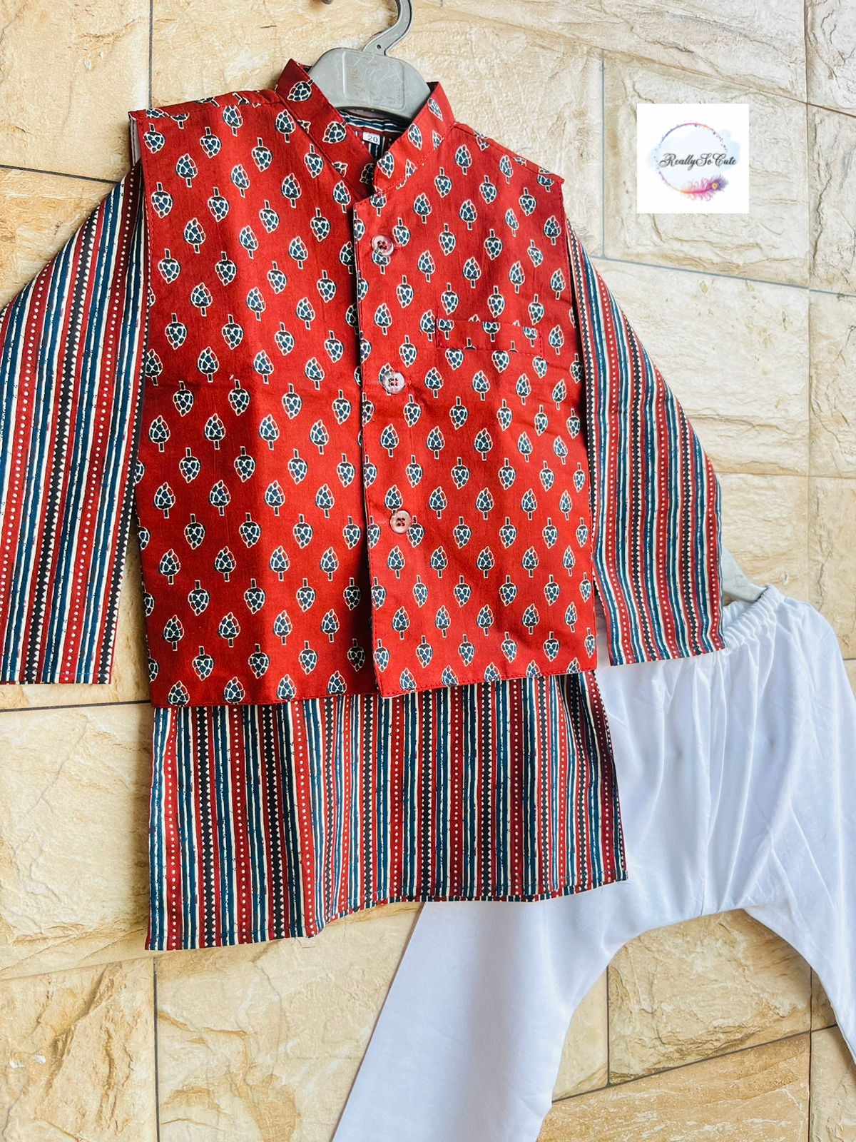 Boys cotton kurta pajama with jacket, Ajrak red cotton kurta set