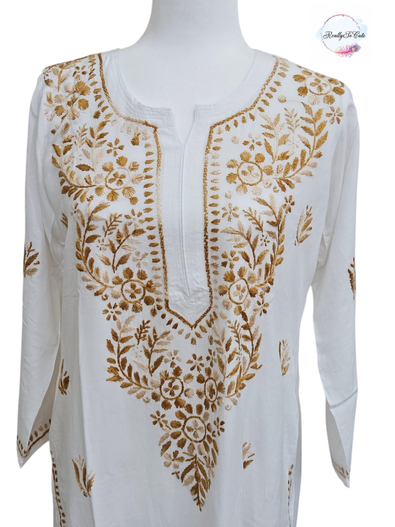 White with golden embroidery long chikankari kurti