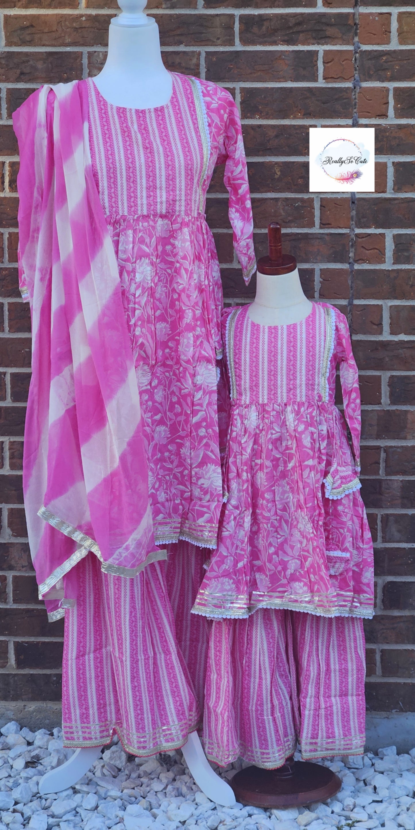 Soft cotton kurti sharara set, pink mom and me set