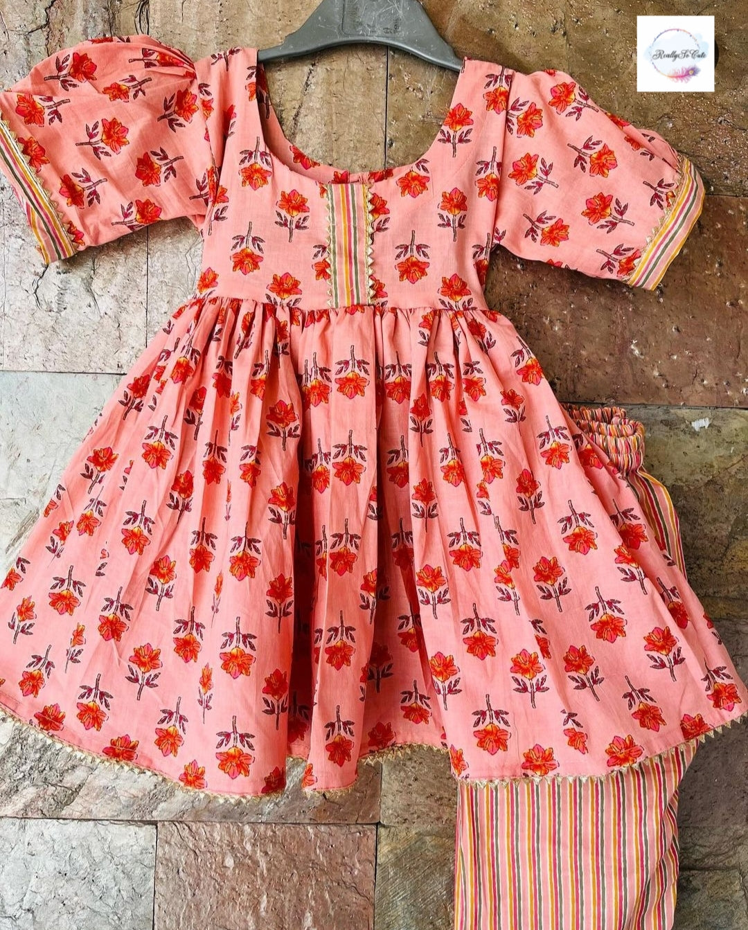 Indian Salwar Suit/ Anarkali kurta set/ cotton kurti salwar, peach anarkali