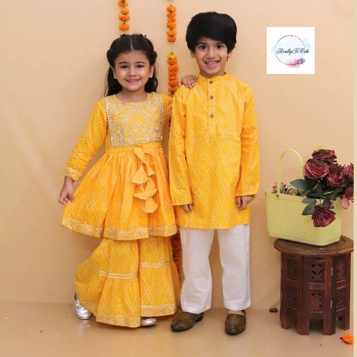 Boys cotton kurta pajama, yellow Bandhani kurta set