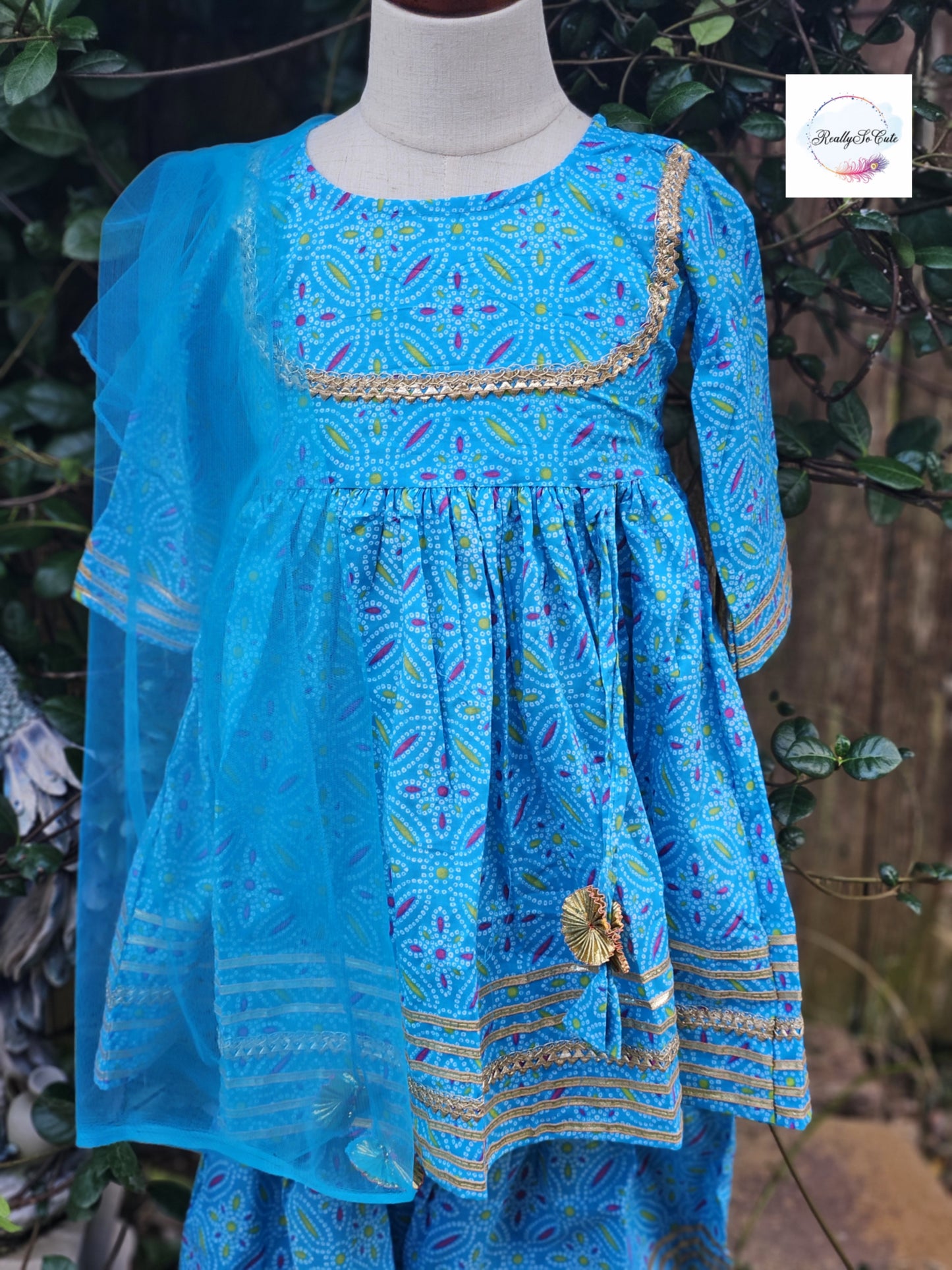 Girl Sharara kurti Set/ Bandhani cotton kurta salwar set, blue kurti sharara