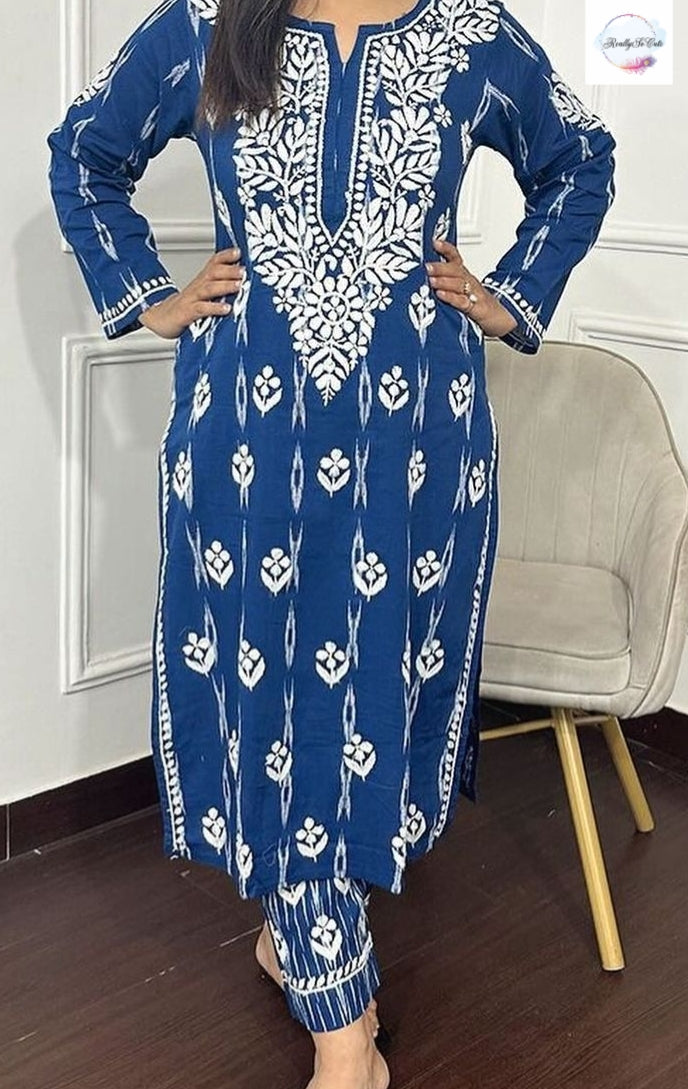 Chikankari Ikkat Cotton Full set (Blue)