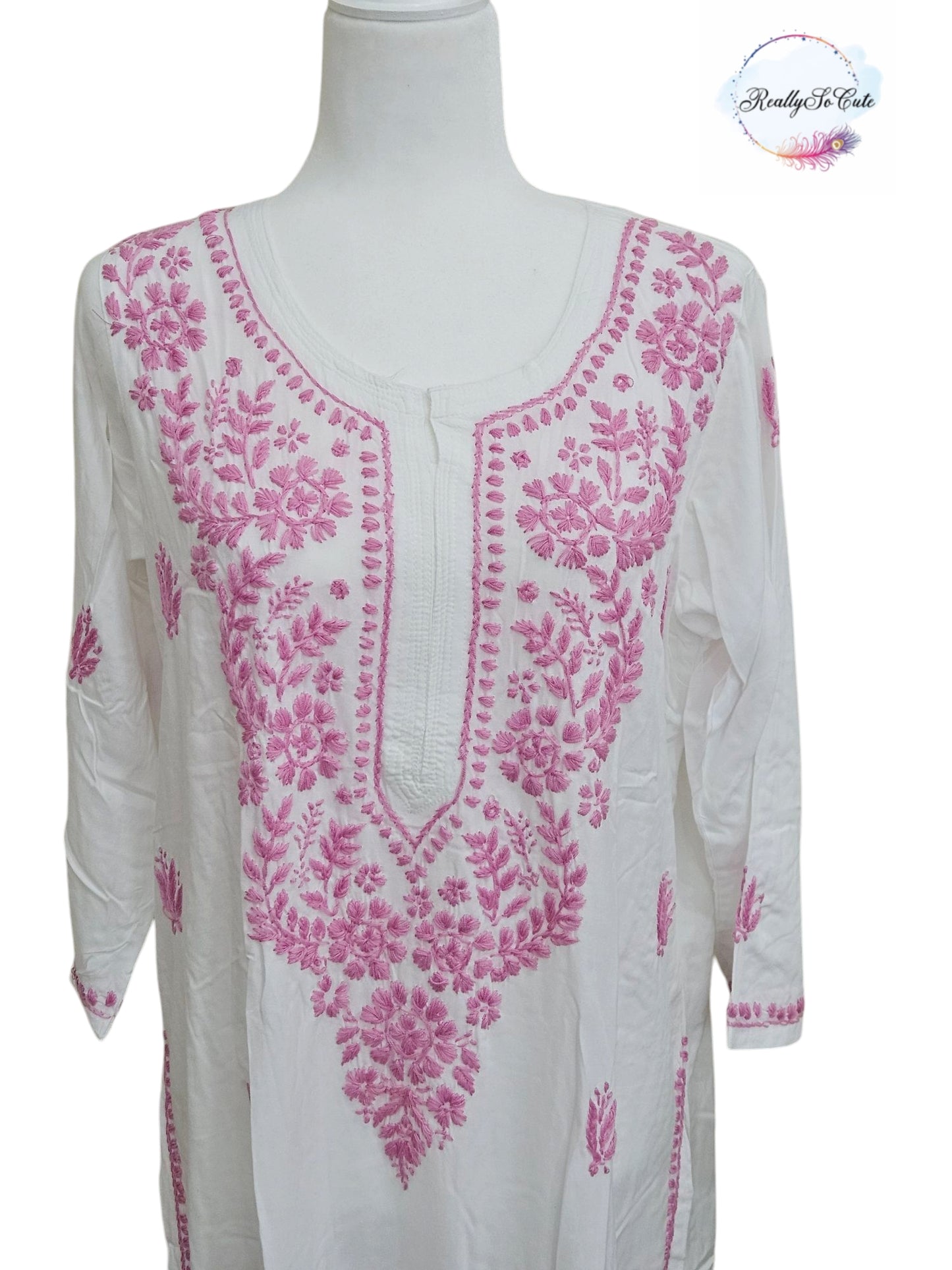 White with pink embroidery long chikankari kurti