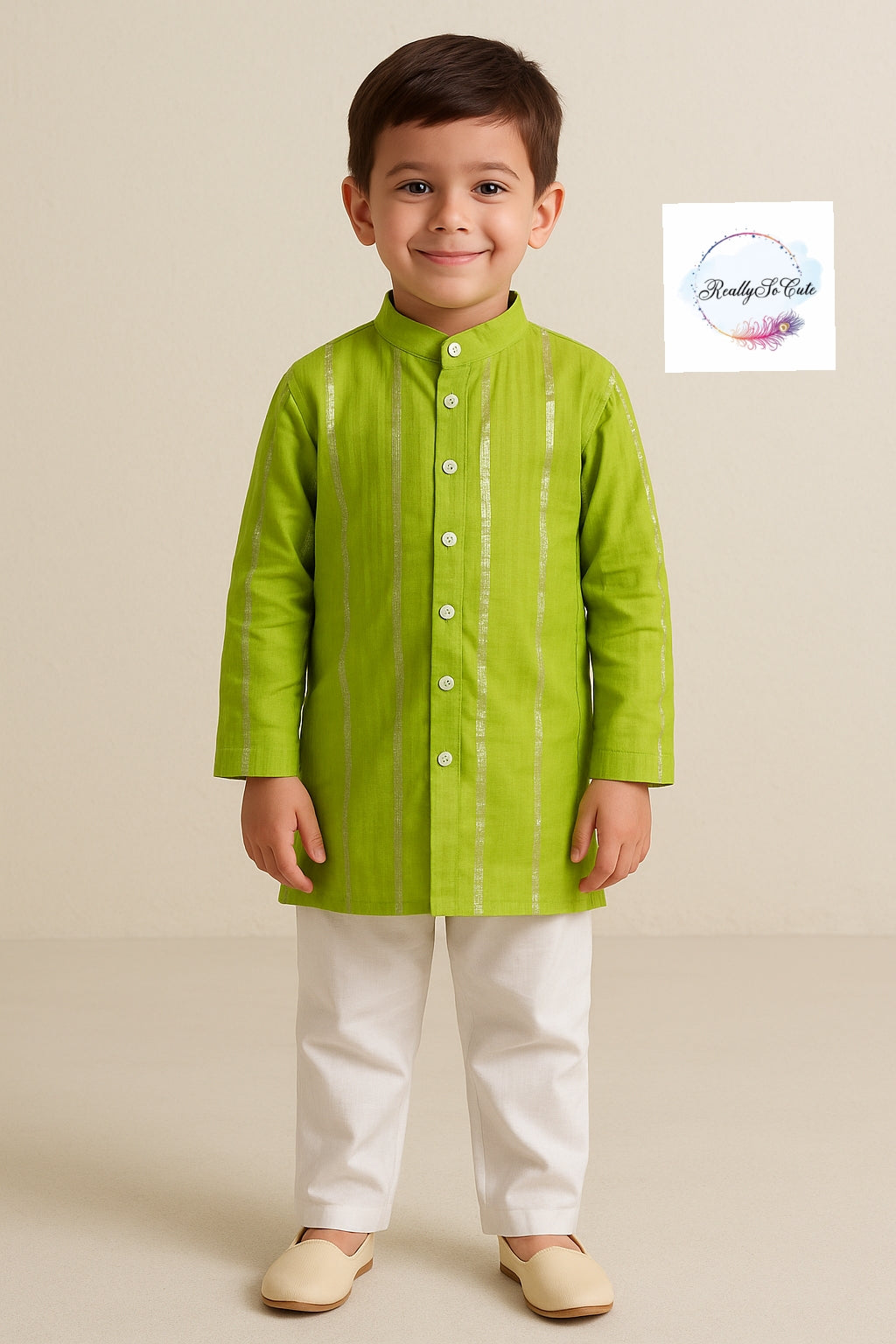Boys' Green sherwani style kurta pajama, cotton kurta pajama