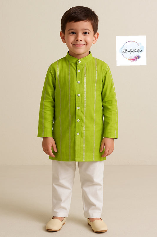 Boys' Green sherwani style kurta pajama, cotton kurta pajama