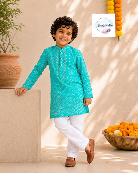 Aqua Blue Pure Cotton Mirror Work Kurta Pajama Set for Boys