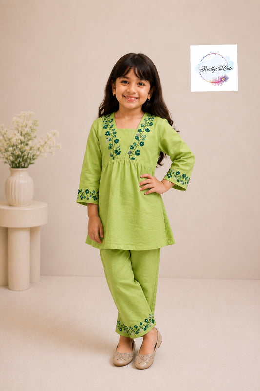 Lime Green Embroidered Pure Cotton Co-Ord Set for Girls | Matching Mom & Daughter Outfit