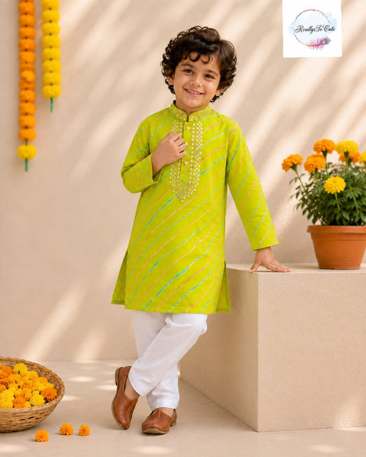 Lime Green Pure Cotton Mirror Work Kurta Pajama Set for Boys