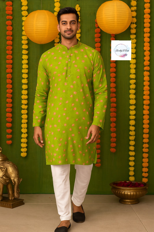 Men's cotton kurta pajama, Green pichwai kurta set