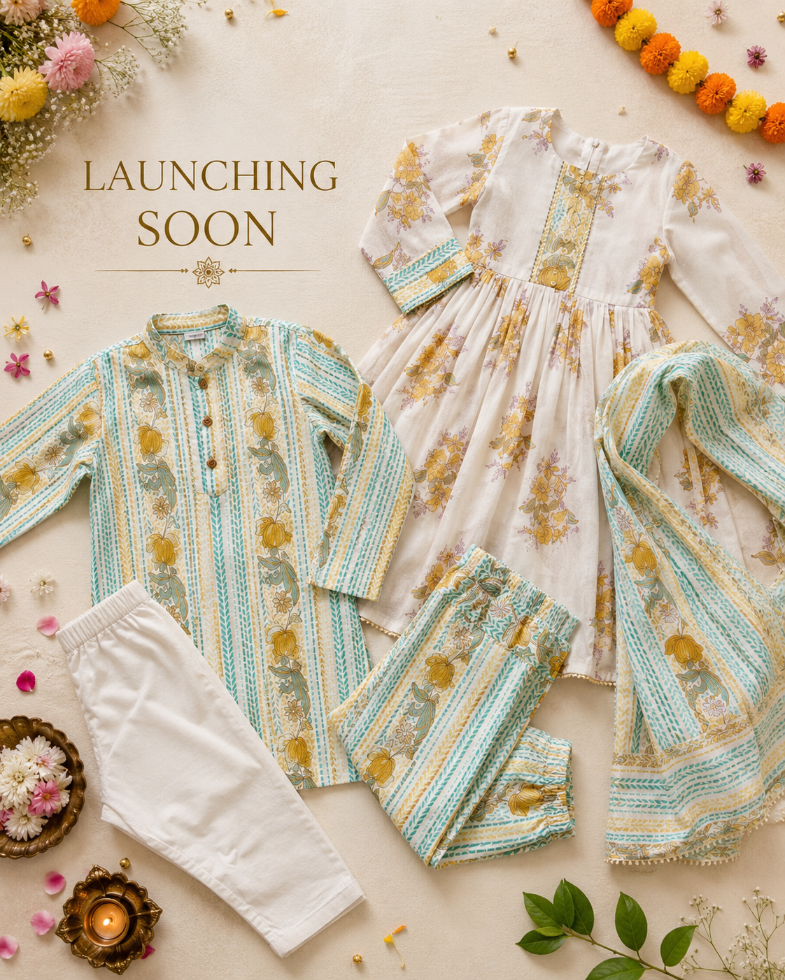 Mustard & Teal Floral Stripe Pure Cotton Kurta Pajama Set for Boys