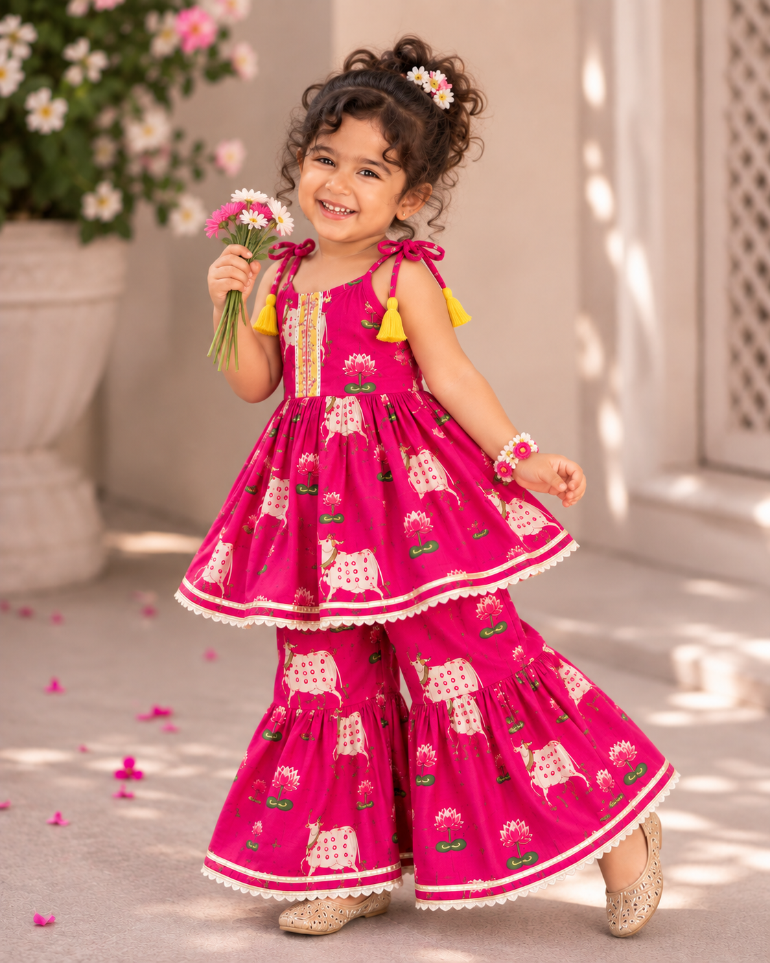 Pichwai Floral Print Pure Cotton Girls Sharara Set – pink | 1–6 Years