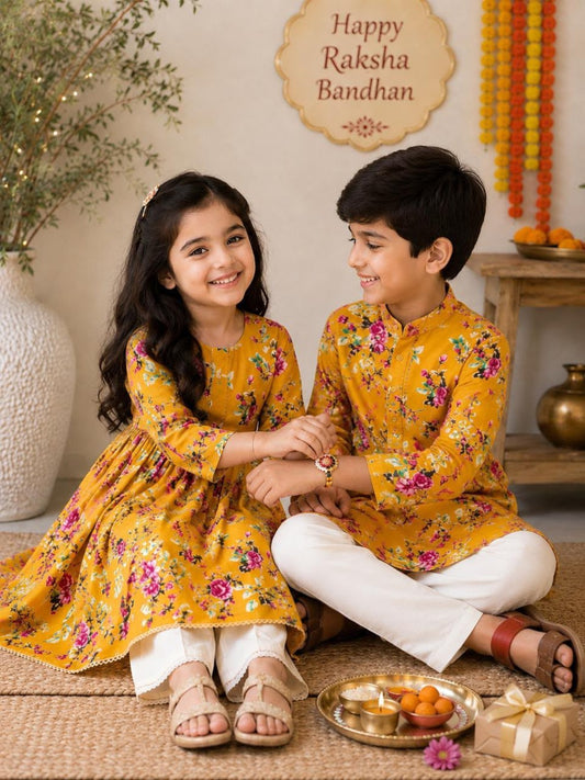 Mustard Floral Pure Cotton Boys Kurta Pajama Set | Sibling Matching Outfit