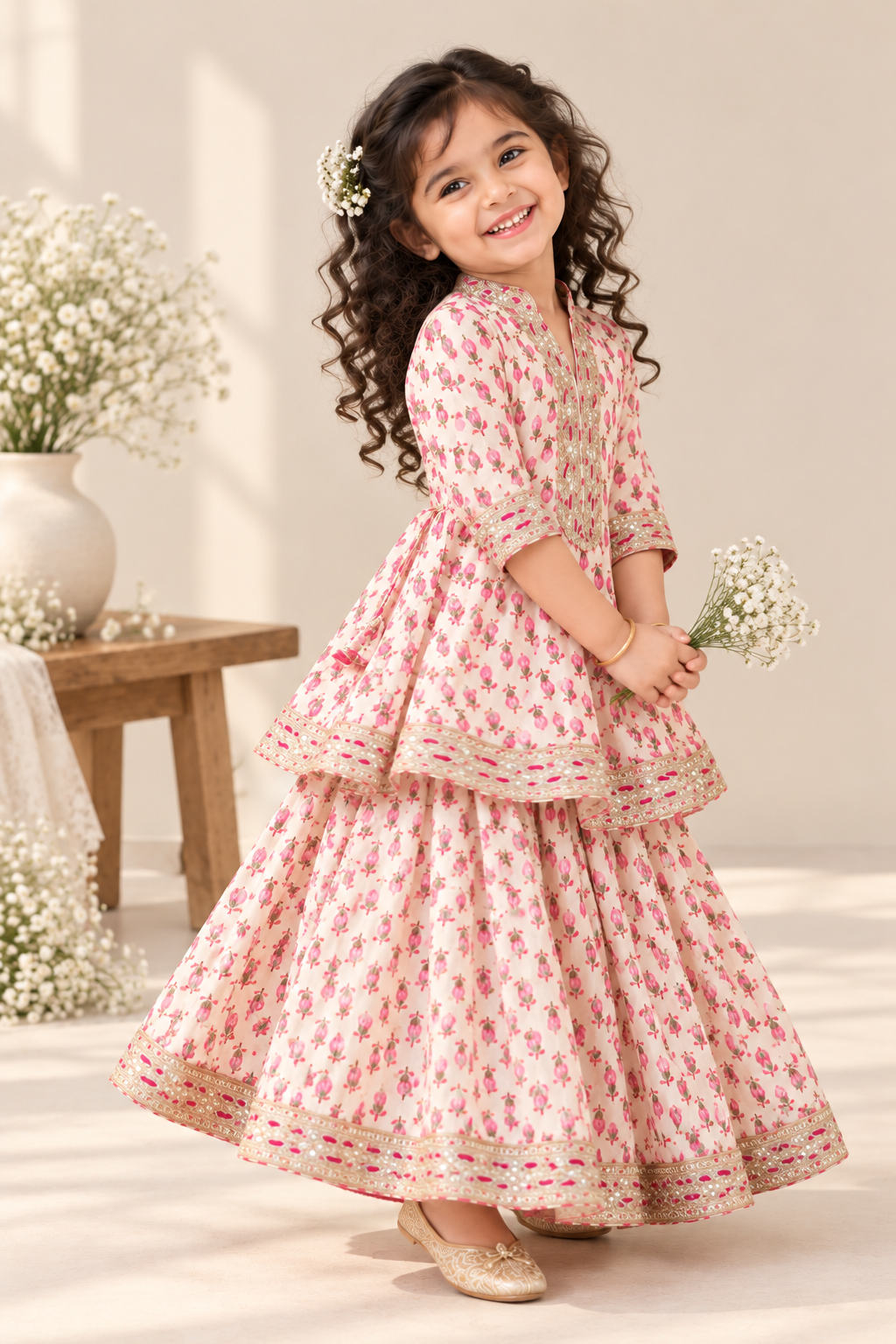 Girls Blush Pink Floral Print Pure Cotton Kurta Lehenga Set | 1–5 Years
