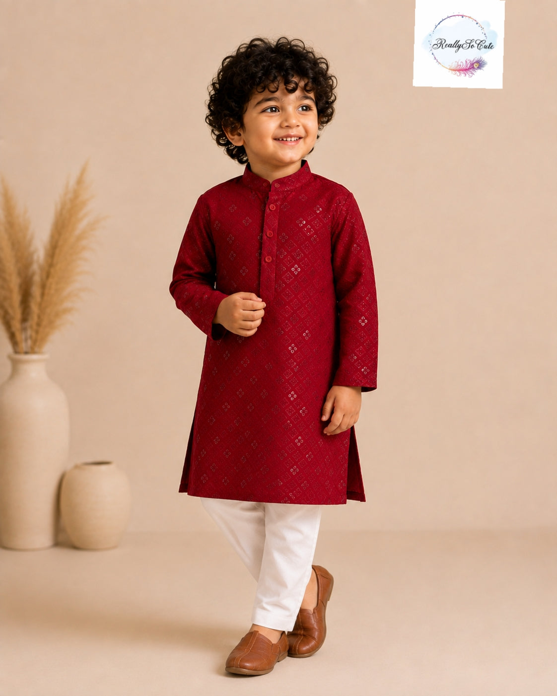 Maroon Sequin Embroidered Cotton Kurta Pajama Set for Boys