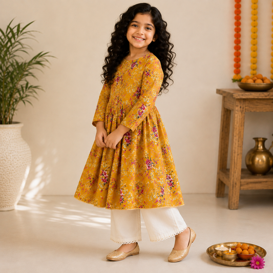 Mustard Floral Pure Cotton Gathered Kurta Set for Girls