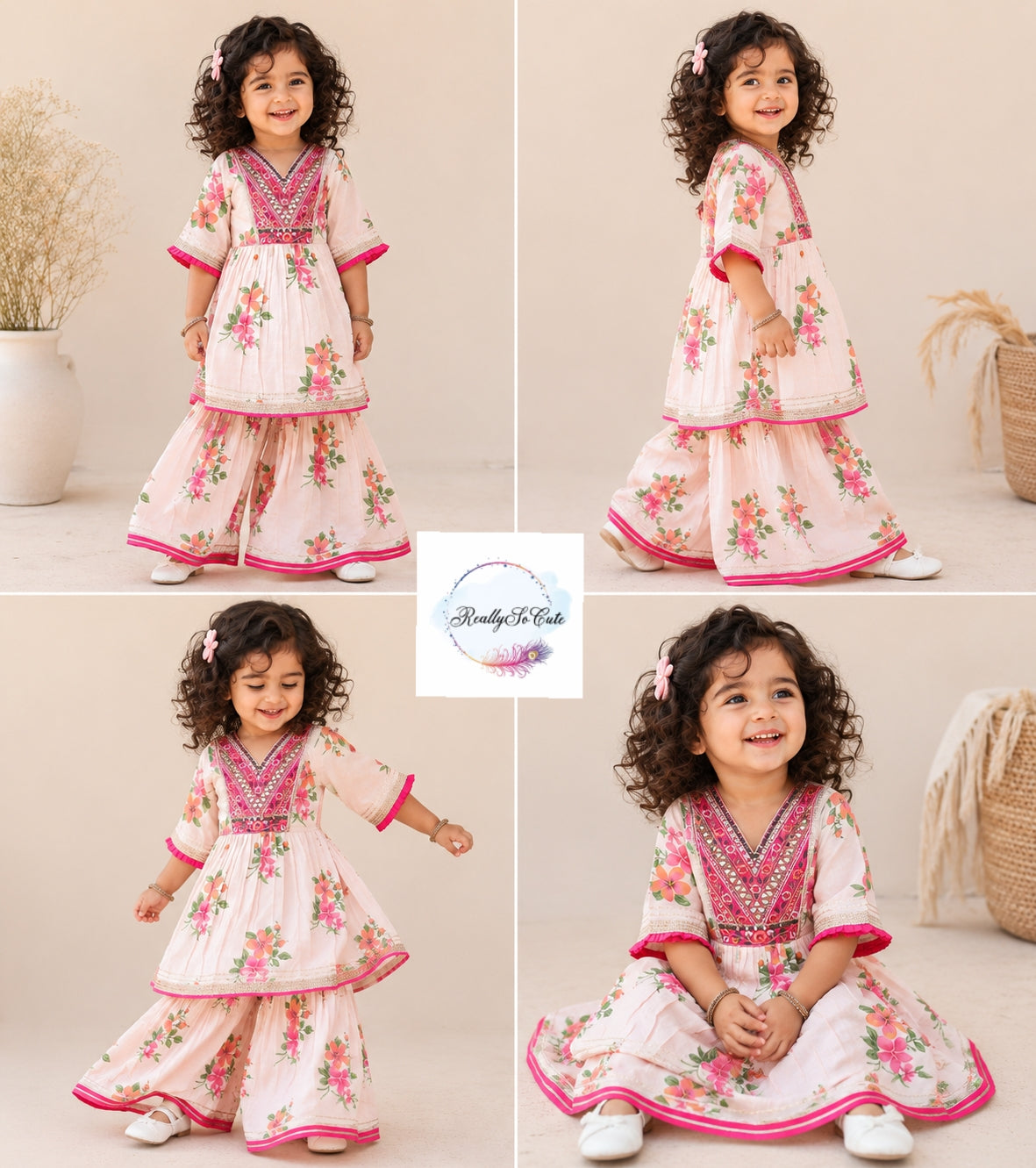 Blush Pink Floral Cotton Sharara Set for Girls | Embroidered Ethnic Wear with Tassel Tie | Sizes 3M–10 Years