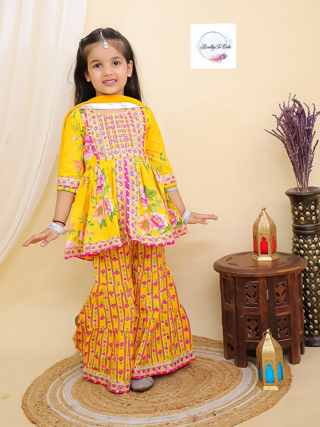 Yellow floral girl kurti sharara set, cotton kurta sharara