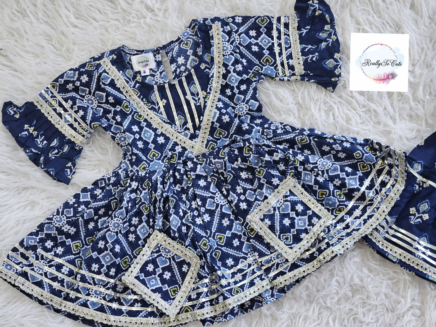Blue patola girl kurti sharara set, cotton kurta sharara