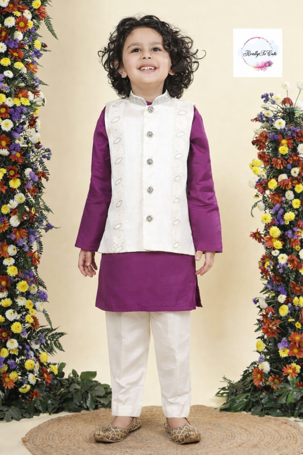 Royal Amethyst Chanderi Silk Kurta Set for Boys – Purple Floral Jacket & Ivory Pajama | Sibling Combo Available