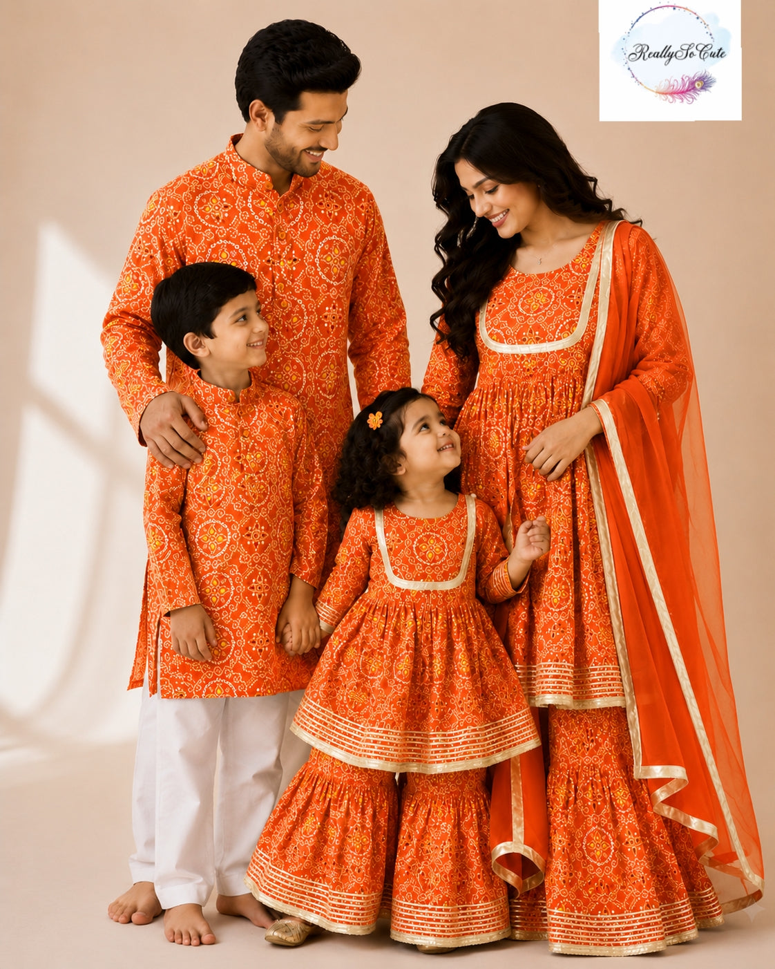 Orange Bandhani Print Boys Kurta Pajama Set in Soft Cotton, Kids Bandhani Outfit USA