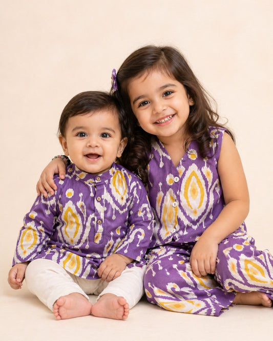 Purple Ikat Print Pure Cotton Kurta Pajama Set for Boys |Co-Ord set, Kids Ethnic Wear | 3M–14Y