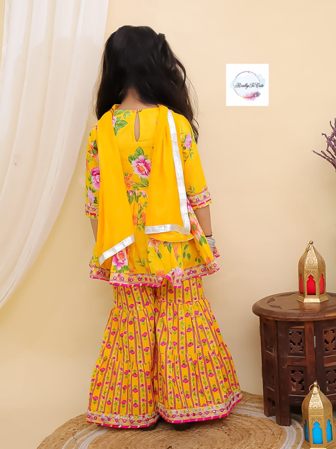 Yellow floral girl kurti sharara set, cotton kurta sharara