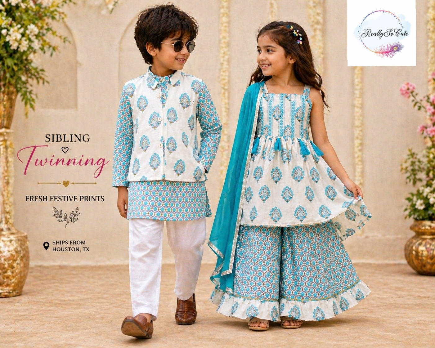 Aqua blue Cotton Ethnic Girl Set | Soft Festive Indian Outfit for Kids (Girl set only)block print set