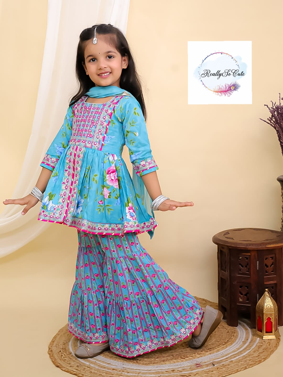 Blue floral girl kurti sharara set, cotton kurta sharara