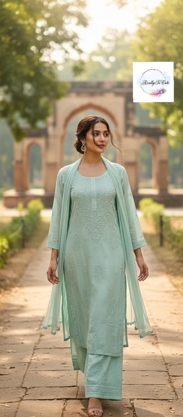 Mint Mist Pure Muslin 3-Piece Suit Set for Women
