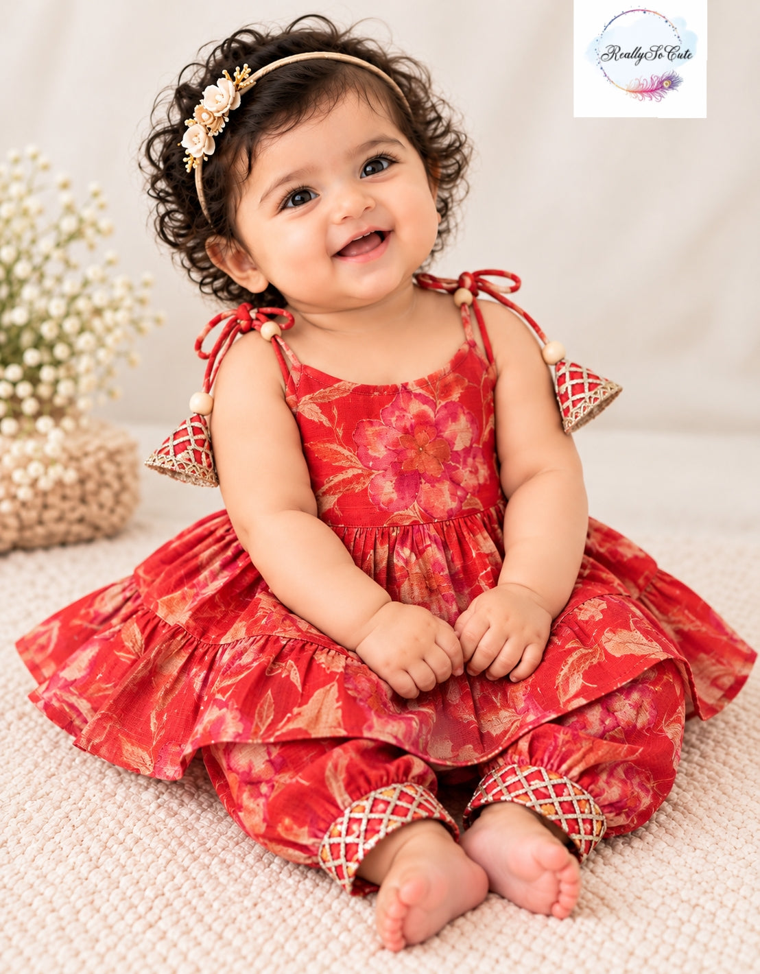Baby Girls Multicolor red Bandhani Ethnic Wear Sets | 0–6 Months