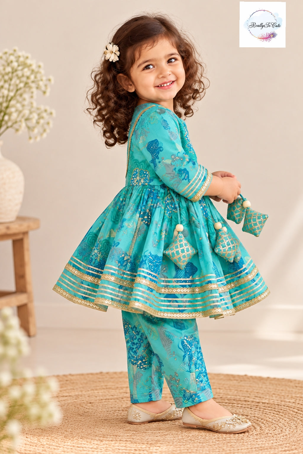 Pretty in blue Floral Peplum Kurti & Pant Set for Girls